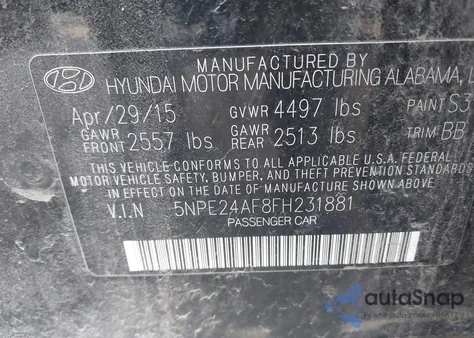 2015 Hyundai Sonata Se from USA, damaged, VIN 5NPE24AF8FH231881